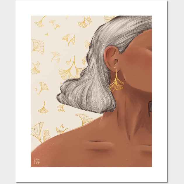 Golden Ginkgo Earrings White Wall Art by samsum.art